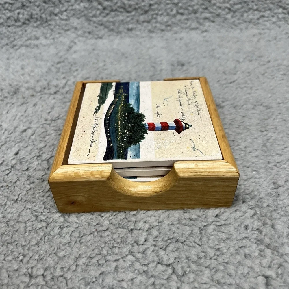 Hilton‎ Head Lighthouse Tile Drink Coasters Harbour Town Set of 4 w/ Tray